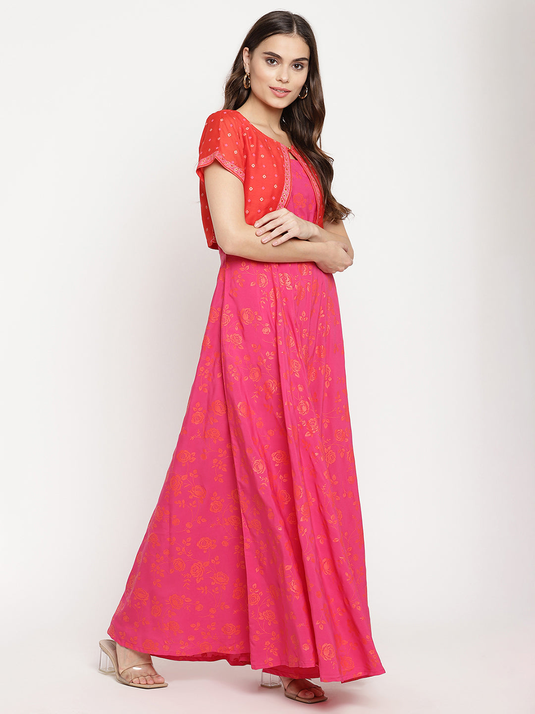 Women's Pink Crepe Orange Khari Print Kurta With Jacket