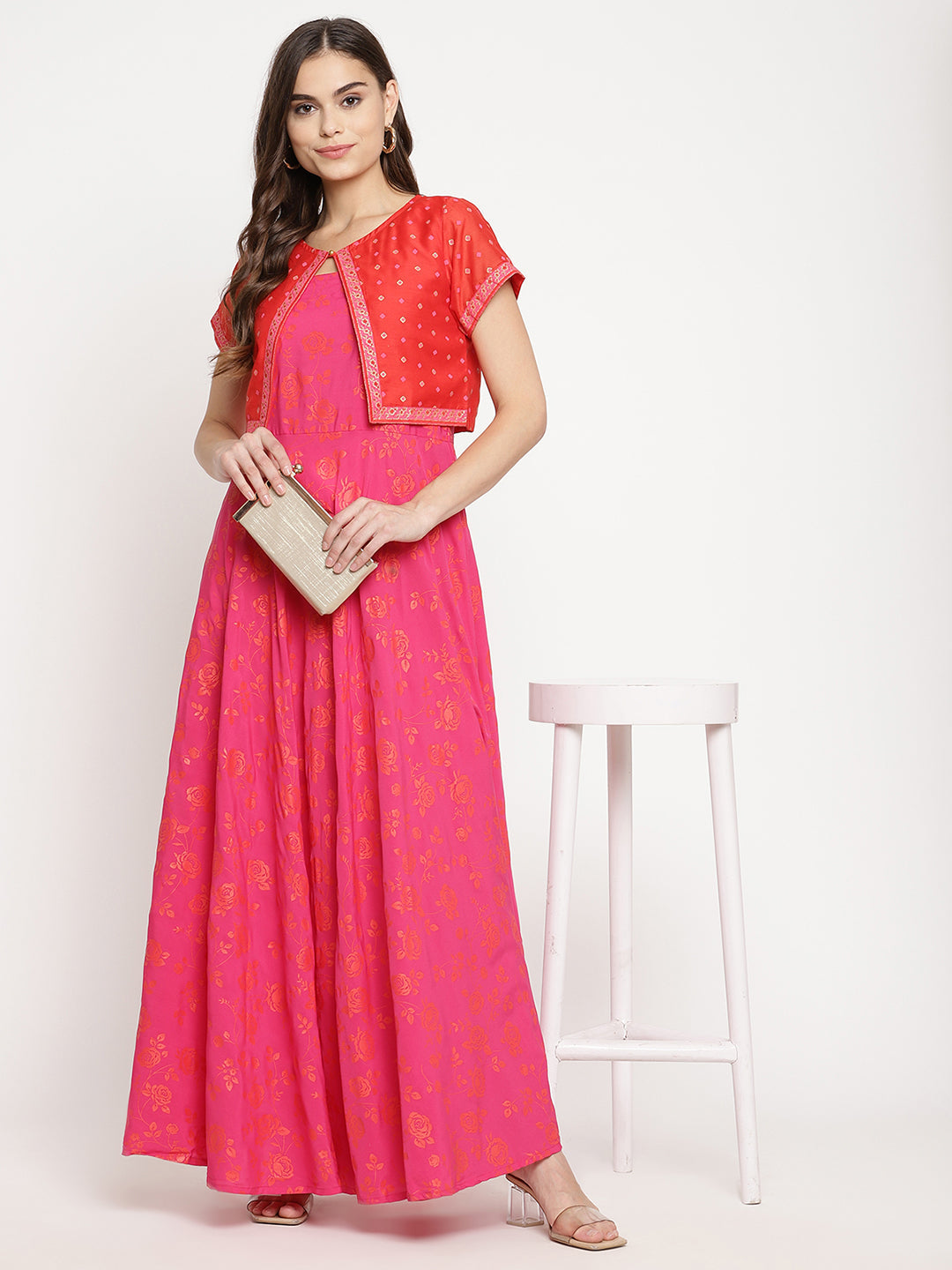 Women's Pink Crepe Orange Khari Print Kurta With Jacket
