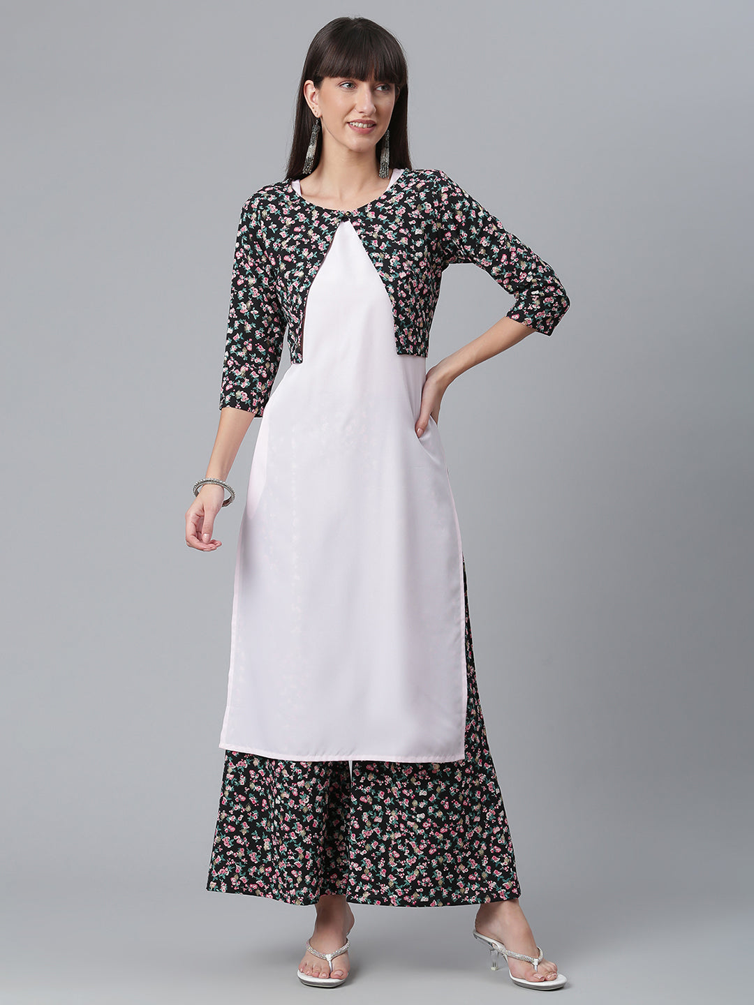 Women's Moss Crepe Pink Kurta With Palazzo And Jacket