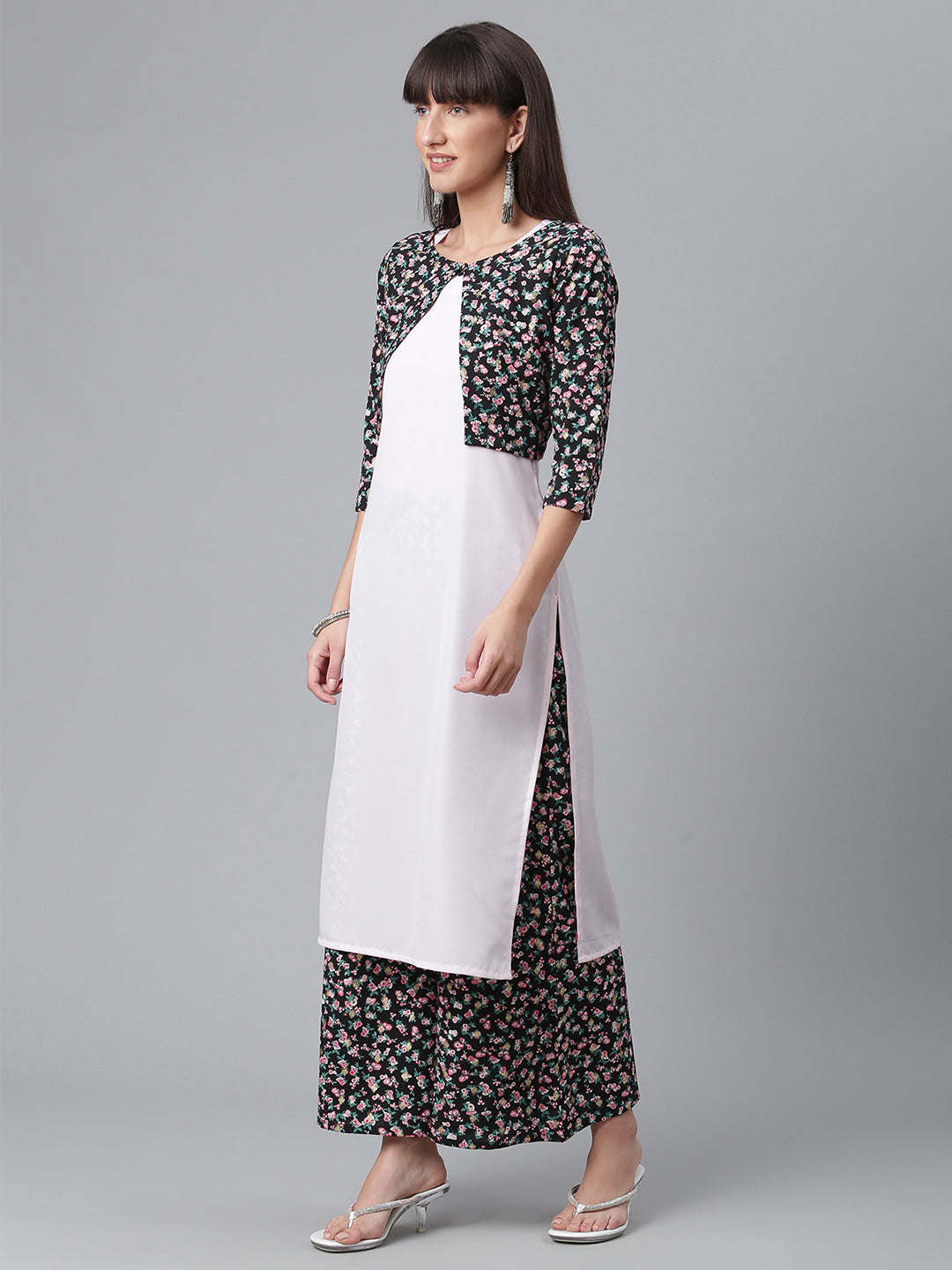 Women's Moss Crepe Pink Kurta With Palazzo And Jacket