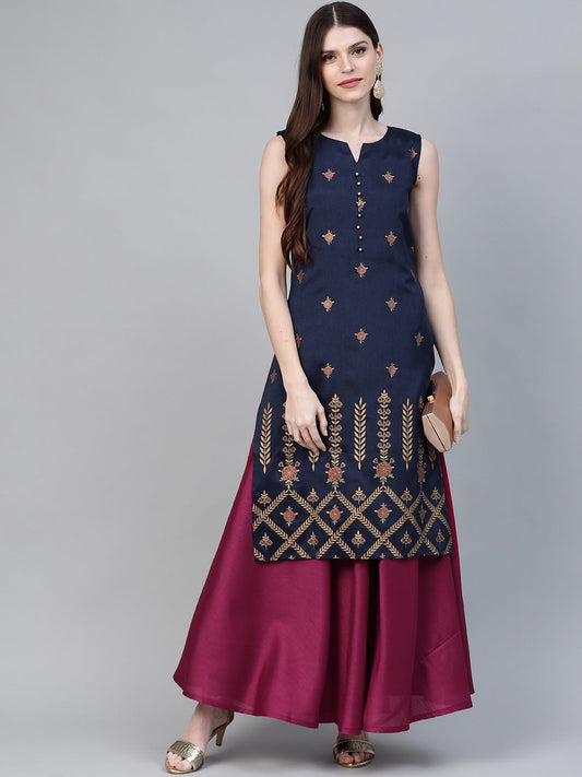 Women's  Navy Blue & Magenta Ethnic Sreen Printed Layered Maxi Dress