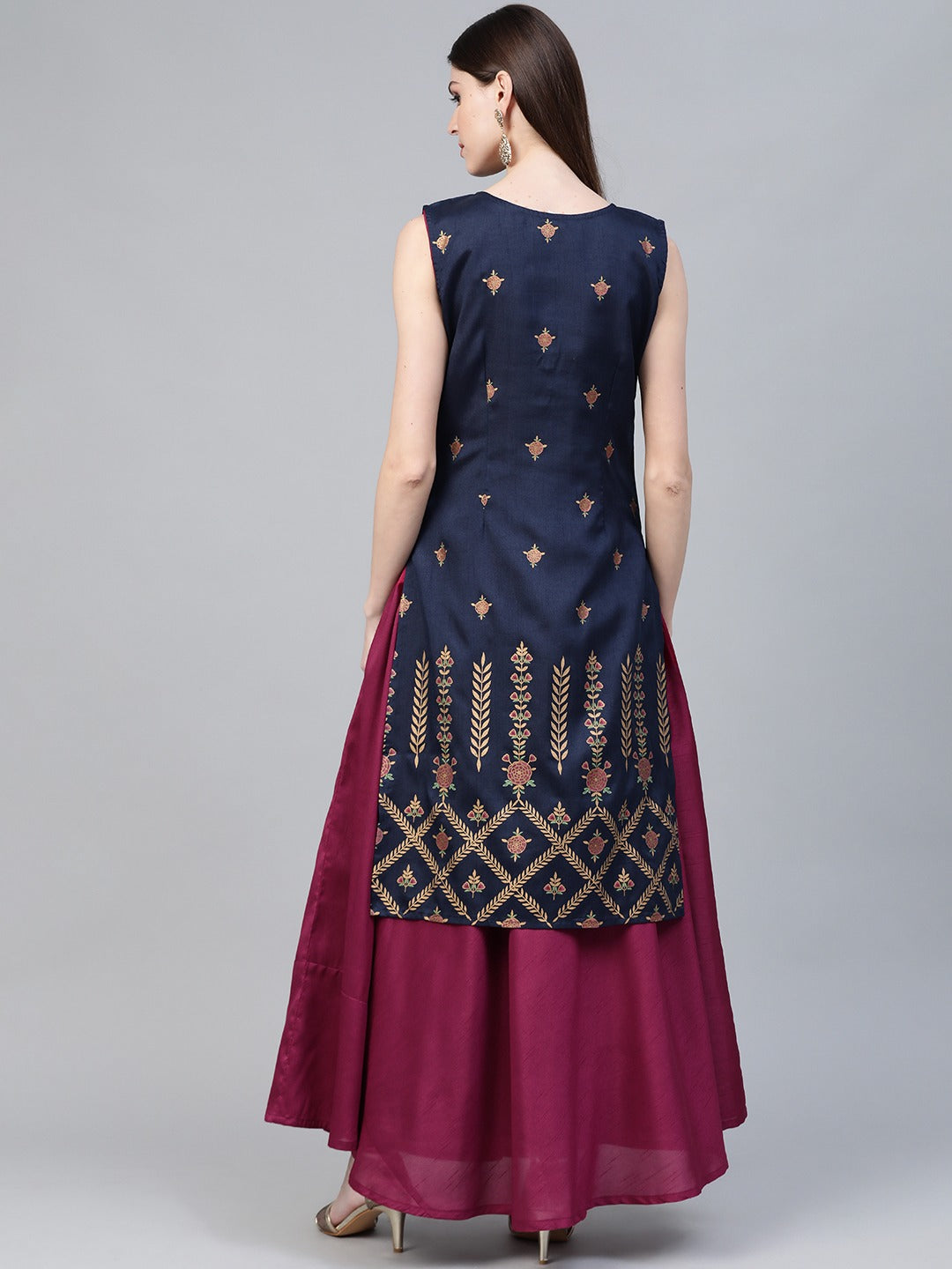 Women's  Navy Blue & Magenta Ethnic Sreen Printed Layered Maxi Dress
