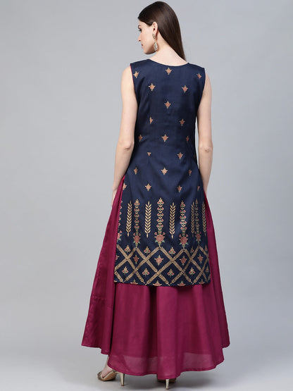 Women's  Navy Blue & Magenta Ethnic Sreen Printed Layered Maxi Dress