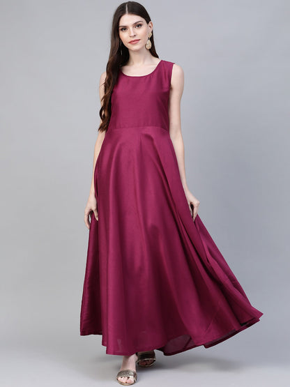 Women's  Navy Blue & Magenta Ethnic Sreen Printed Layered Maxi Dress