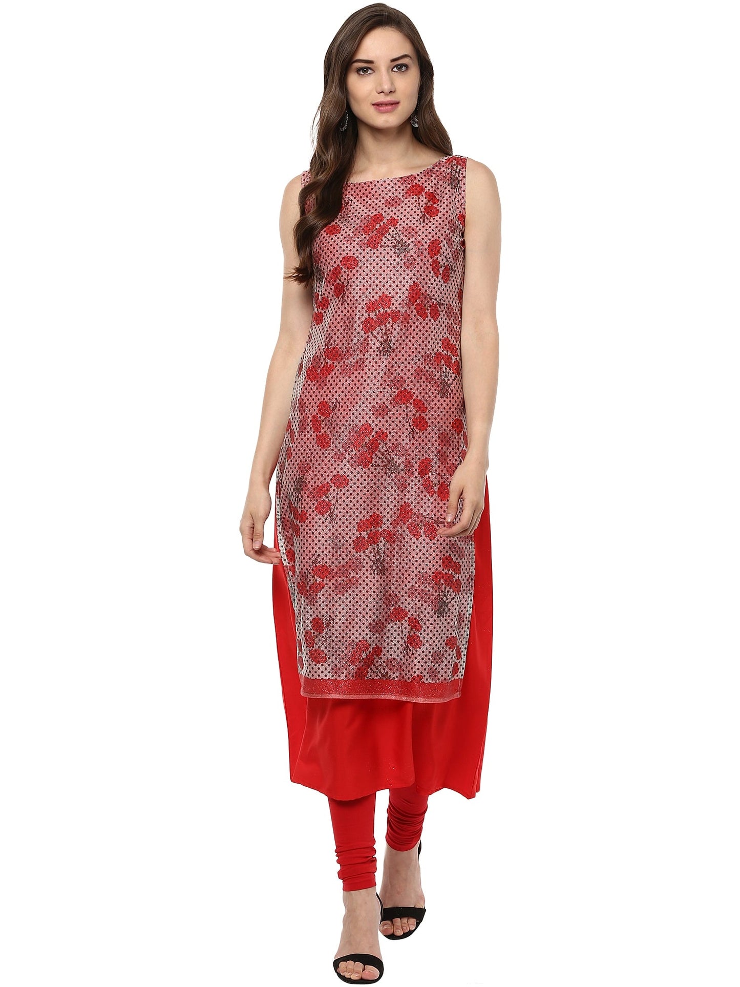 Women's Double Layered Red A- Line Glitter Lycra Crepe Only Kurti