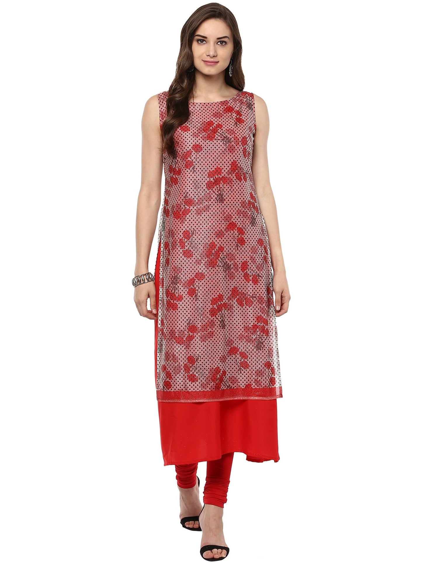 Women's Double Layered Red A- Line Glitter Lycra Crepe Only Kurti