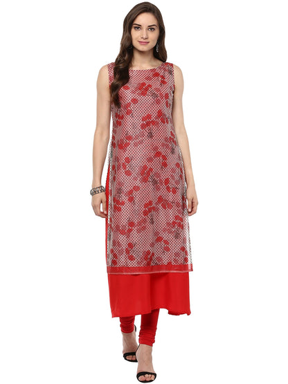 Women's Double Layered Red A- Line Glitter Lycra Crepe Only Kurti