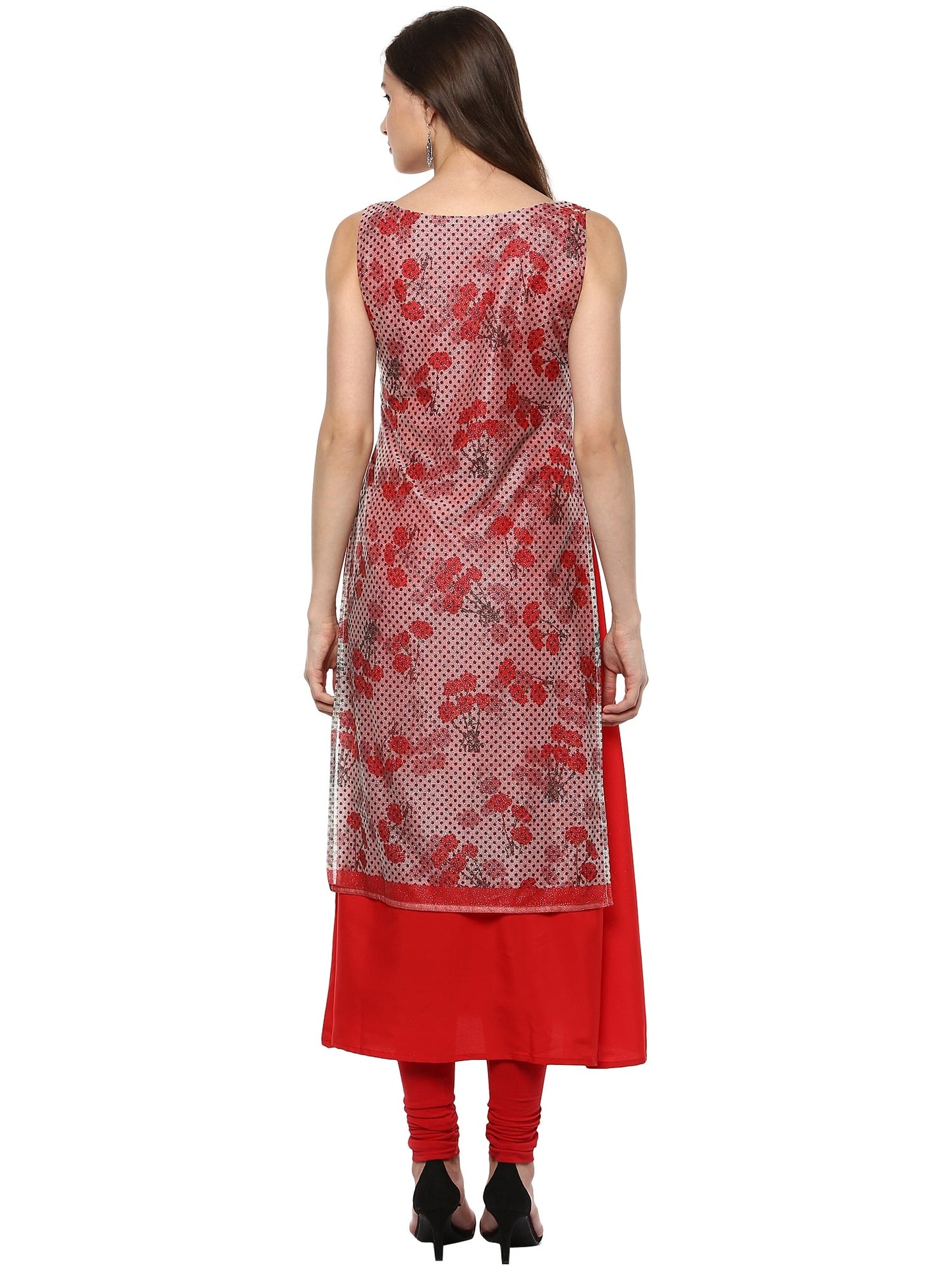 Women's Double Layered Red A- Line Glitter Lycra Crepe Only Kurti