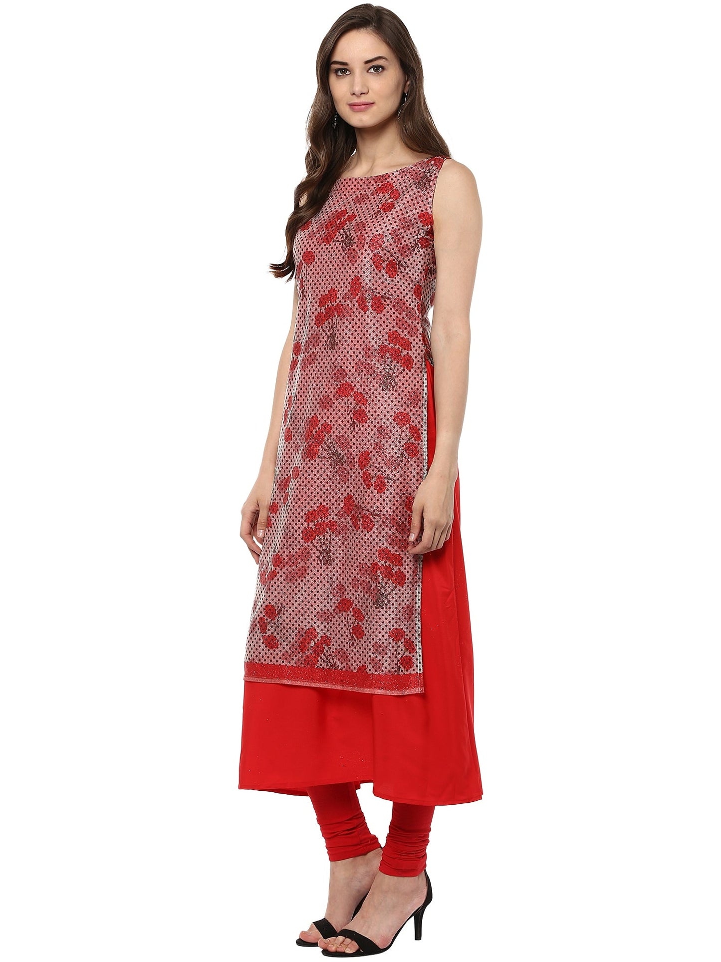 Women's Double Layered Red A- Line Glitter Lycra Crepe Only Kurti