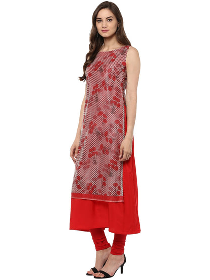 Women's Double Layered Red A- Line Glitter Lycra Crepe Only Kurti