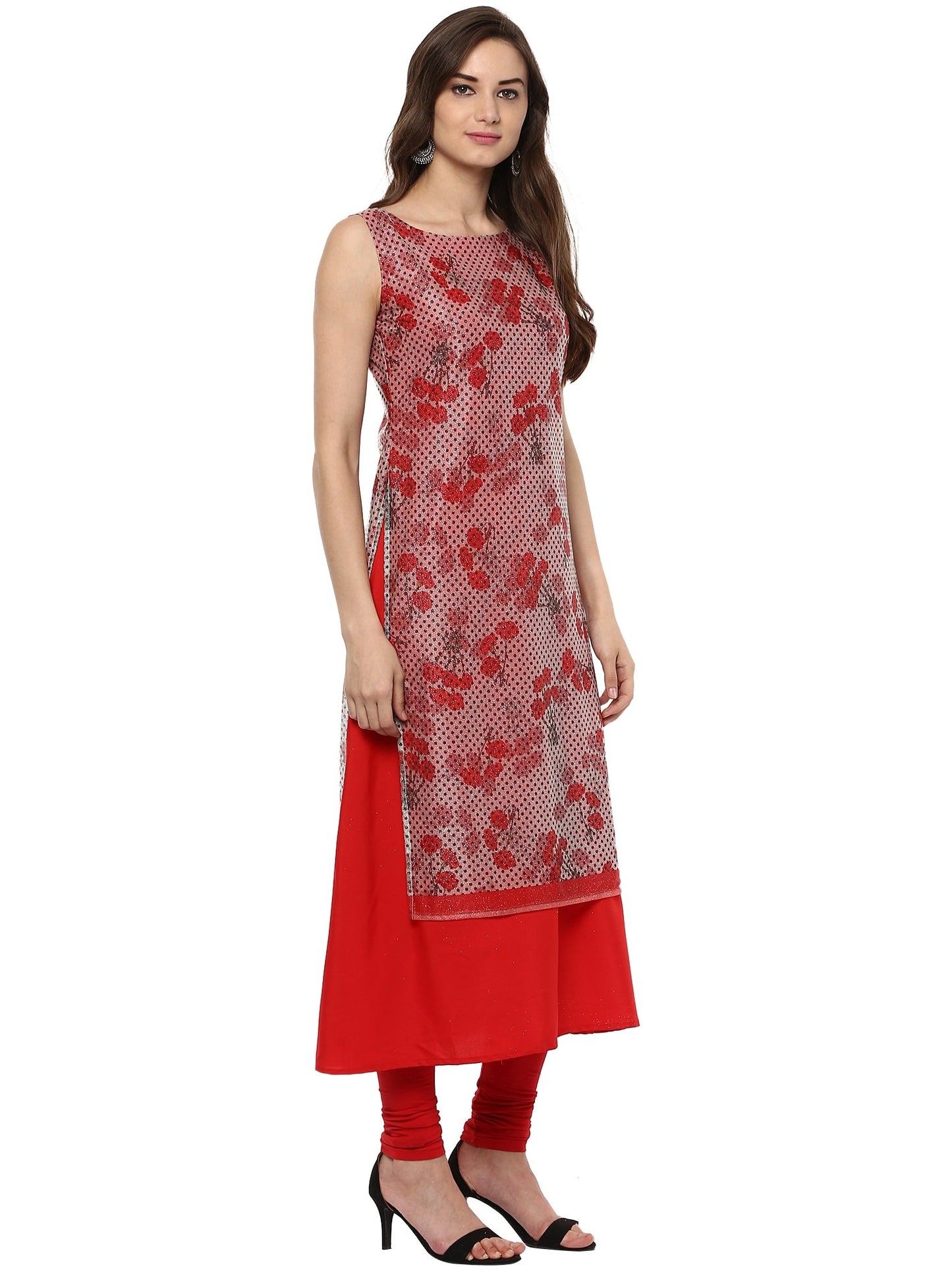 Women's Double Layered Red A- Line Glitter Lycra Crepe Only Kurti