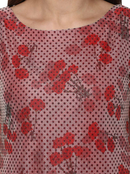 Women's Double Layered Red A- Line Glitter Lycra Crepe Only Kurti