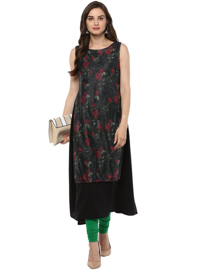 Women's Double Layer Black Rose Print   A- Line Only Kurta
