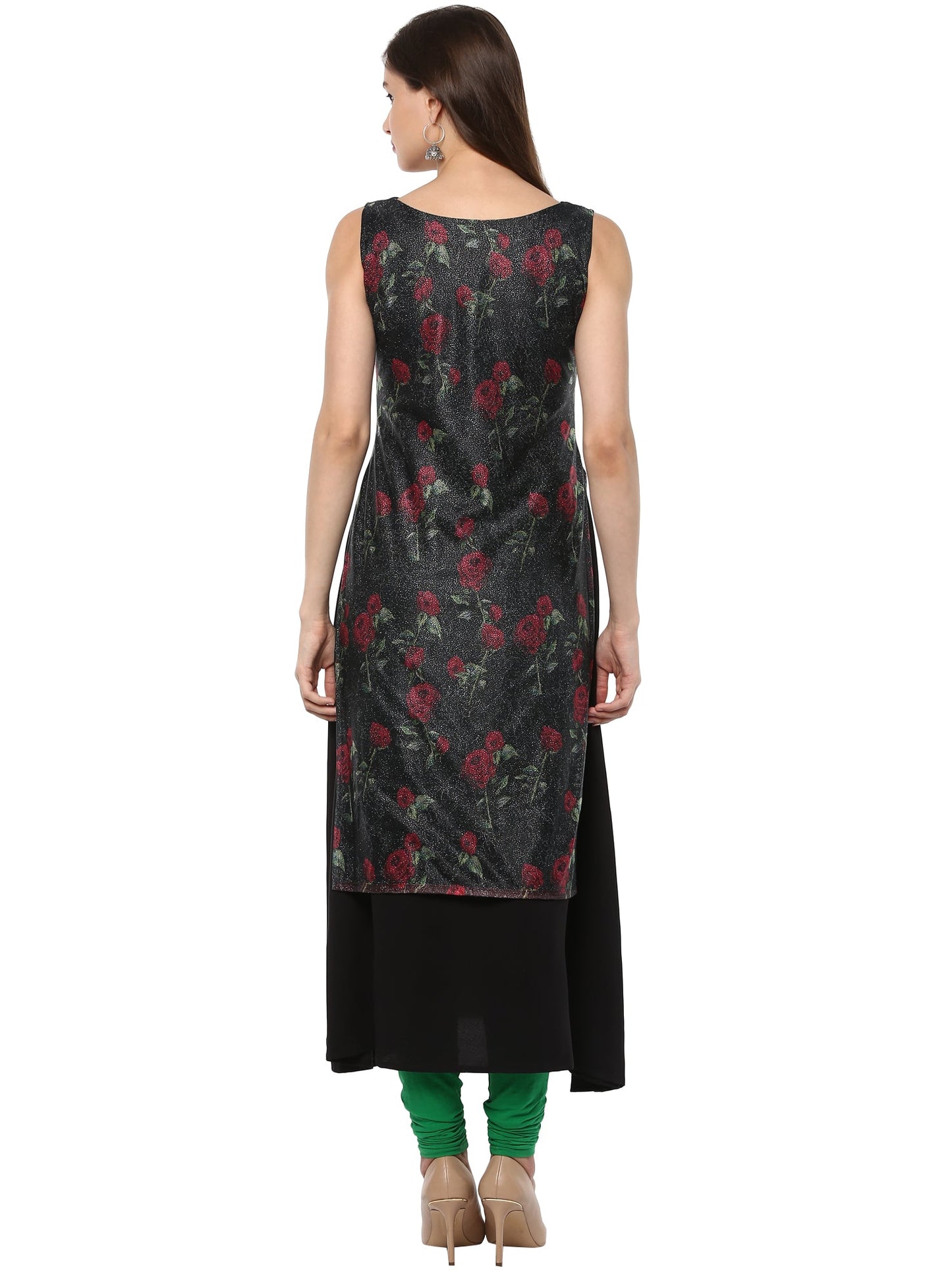 Women's Double Layer Black Rose Print   A- Line Only Kurta