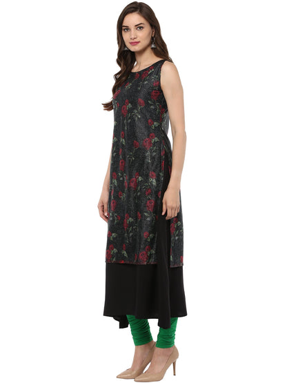 Women's Double Layer Black Rose Print   A- Line Only Kurta