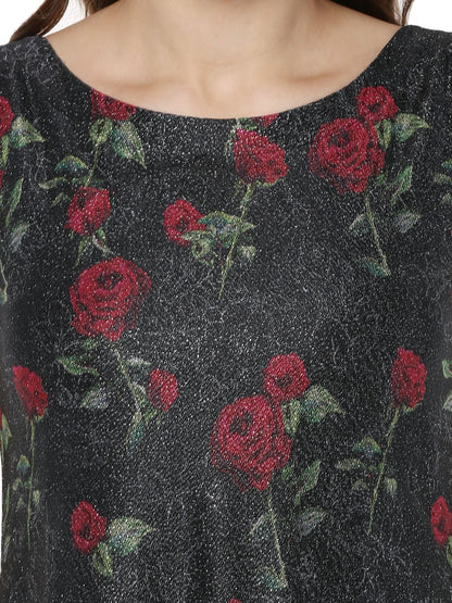 Women's Double Layer Black Rose Print   A- Line Only Kurta