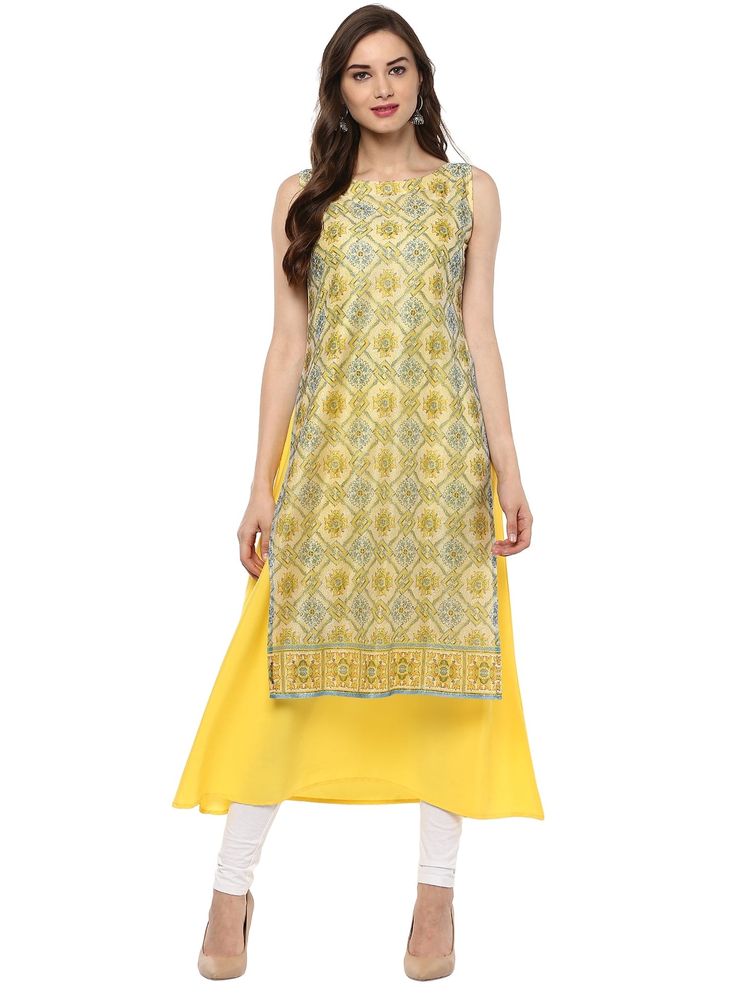 Women's Double Layer Yellow Digital Print A- Line Only Kurti