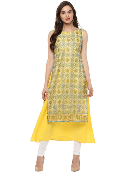 Women's Double Layer Yellow Digital Print A- Line Only Kurti