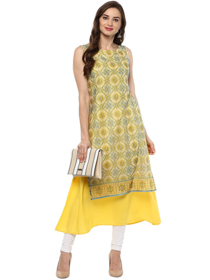 Women's Double Layer Yellow Digital Print A- Line Only Kurti