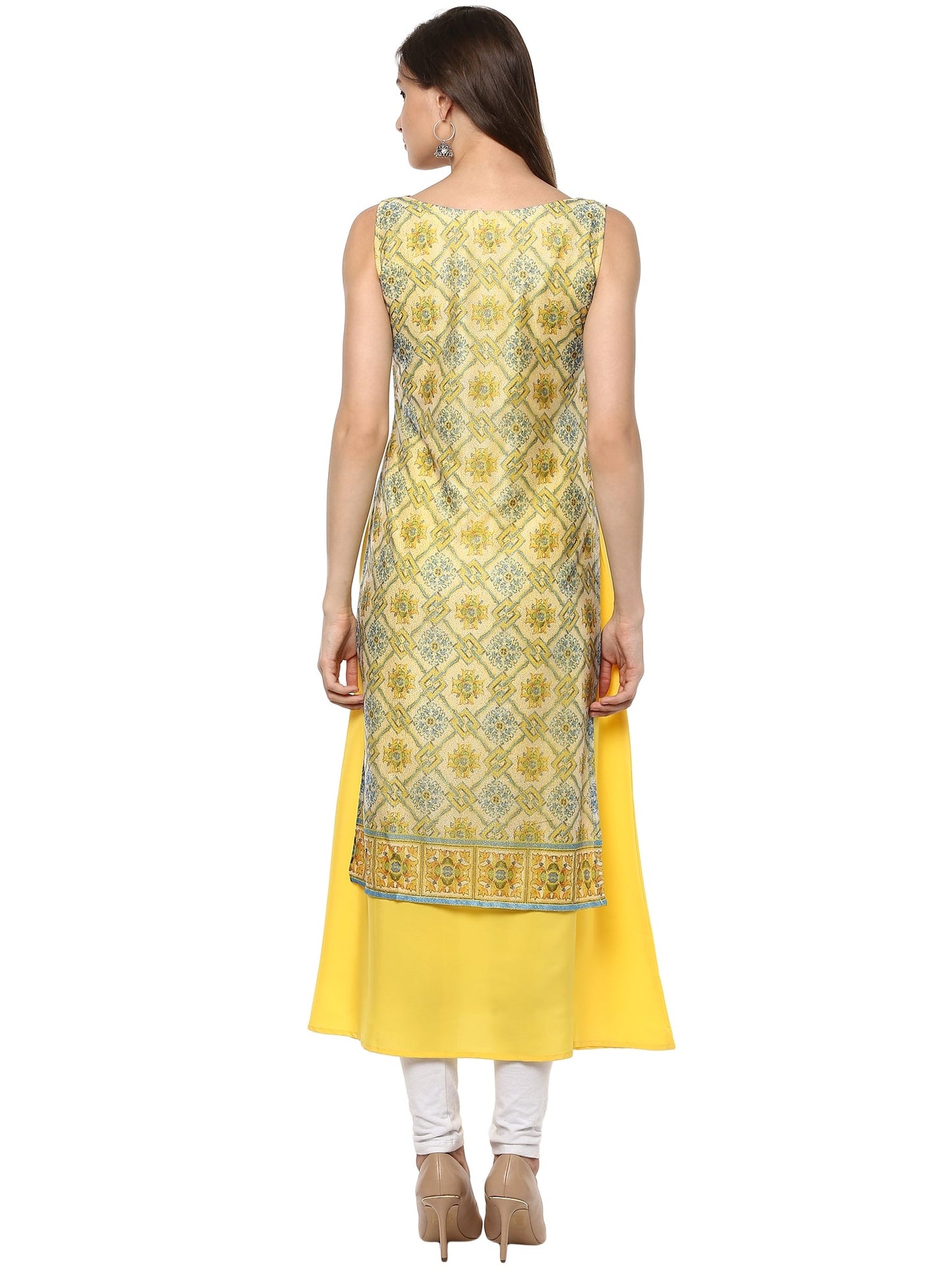 Women's Double Layer Yellow Digital Print A- Line Only Kurti