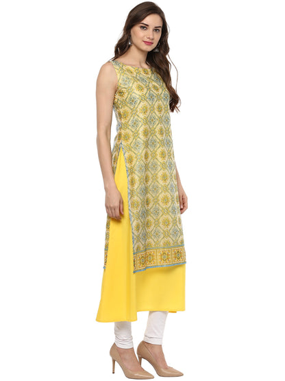 Women's Double Layer Yellow Digital Print A- Line Only Kurti