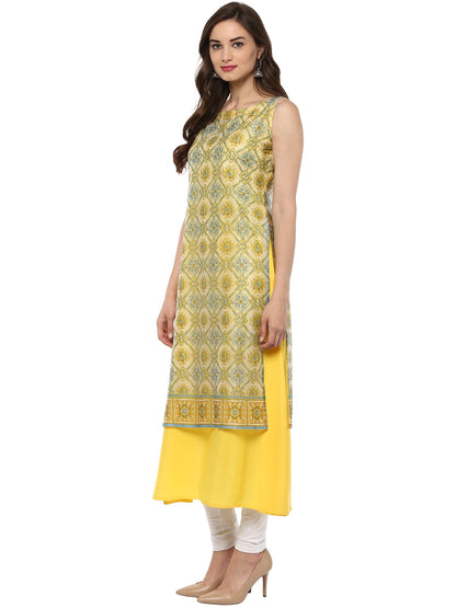 Women's Double Layer Yellow Digital Print A- Line Only Kurti