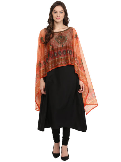 Women's Black Crepe Printed Kurta With Attached Dupatta