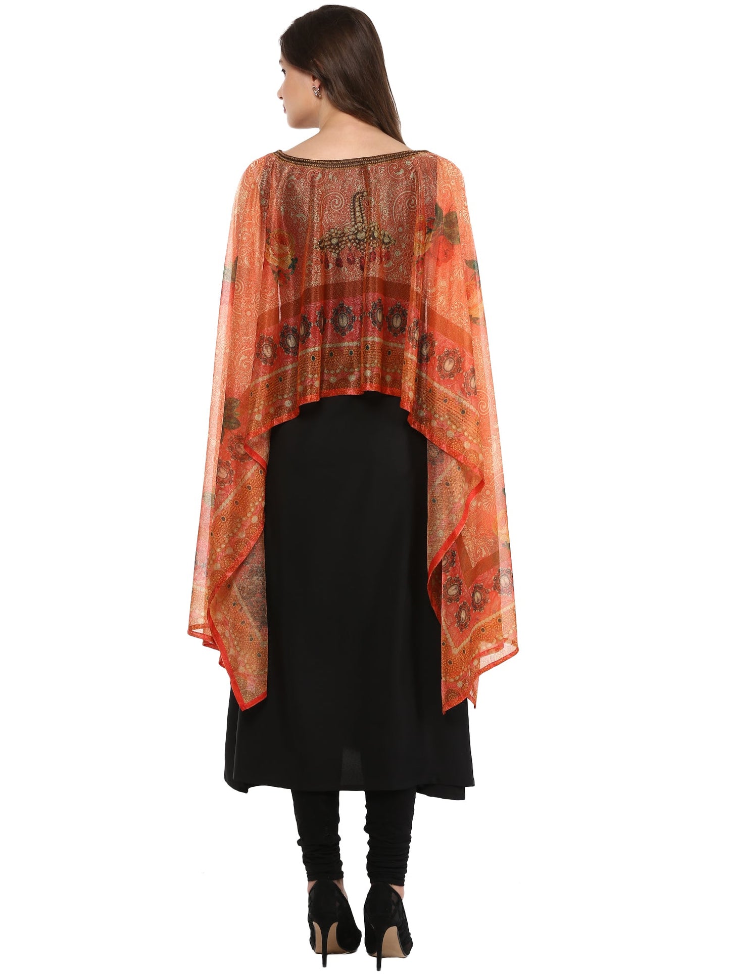 Women's Black Crepe Printed Kurta With Attached Dupatta
