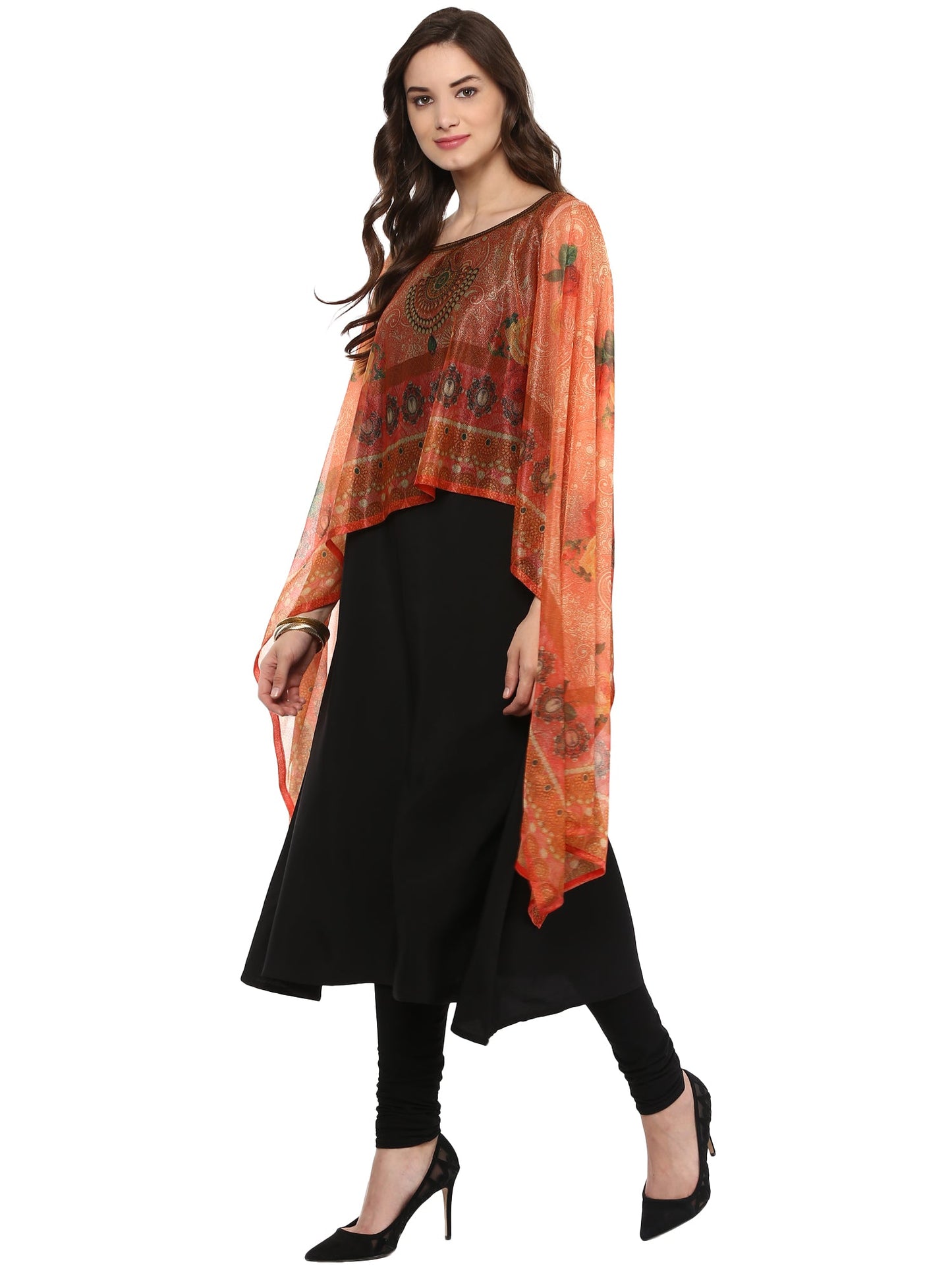 Women's Black Crepe Printed Kurta With Attached Dupatta