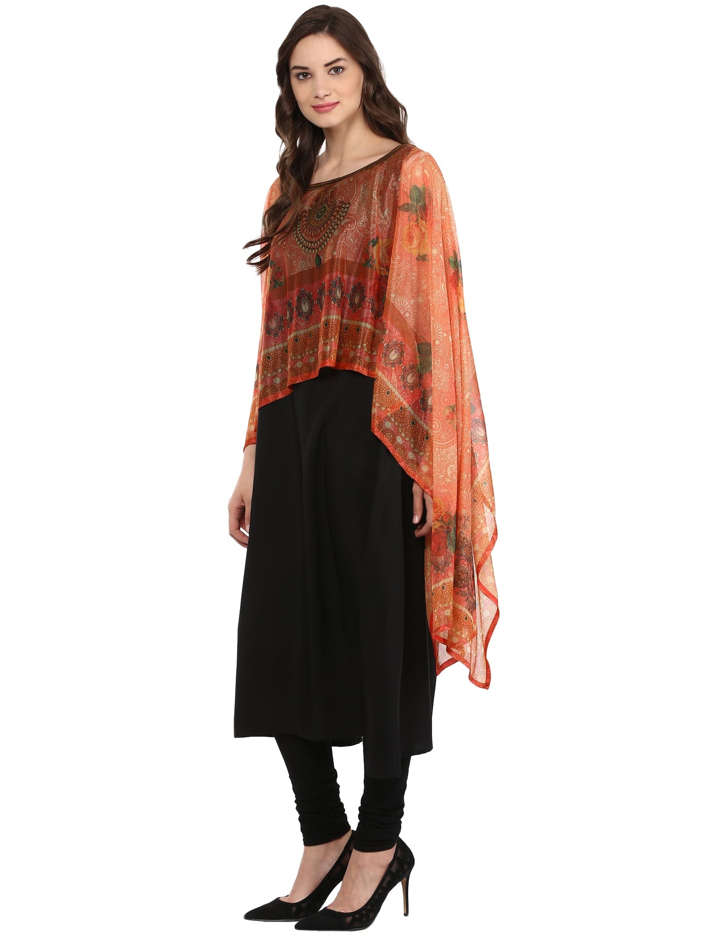 Women's Black Crepe Printed Kurta With Attached Dupatta