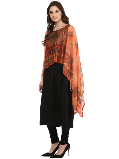 Women's Black Crepe Printed Kurta With Attached Dupatta