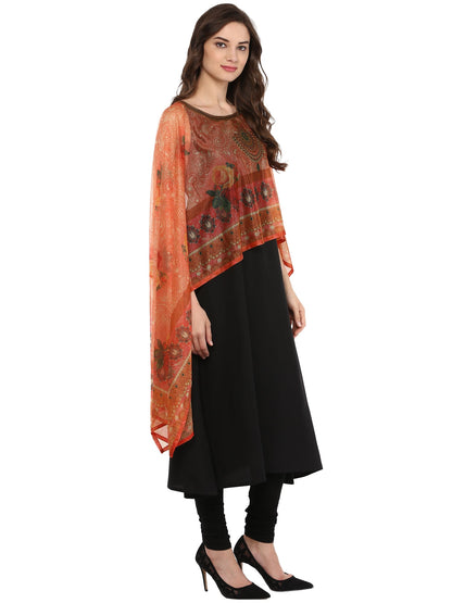 Women's Black Crepe Printed Kurta With Attached Dupatta