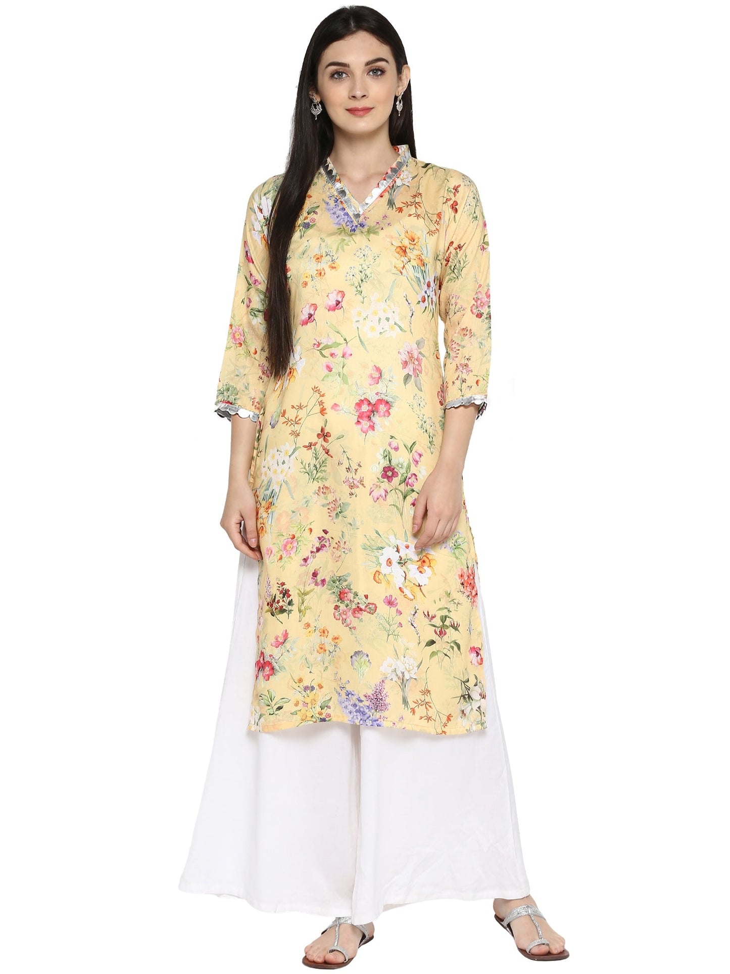 Women's Yellow Floral Straight Only Kurta With Silver Scallop Lace Detail