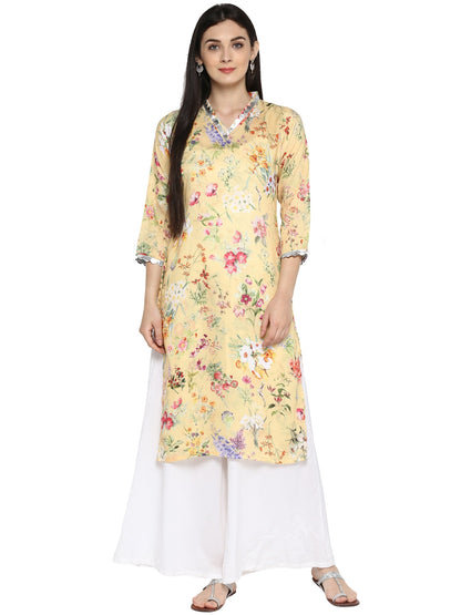 Women's Yellow Floral Straight Only Kurta With Silver Scallop Lace Detail