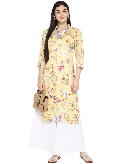 Women's Yellow Floral Straight Only Kurta With Silver Scallop Lace Detail