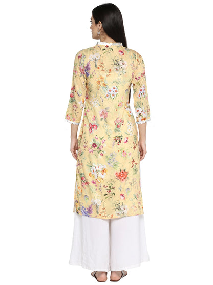 Women's Yellow Floral Straight Only Kurta With Silver Scallop Lace Detail