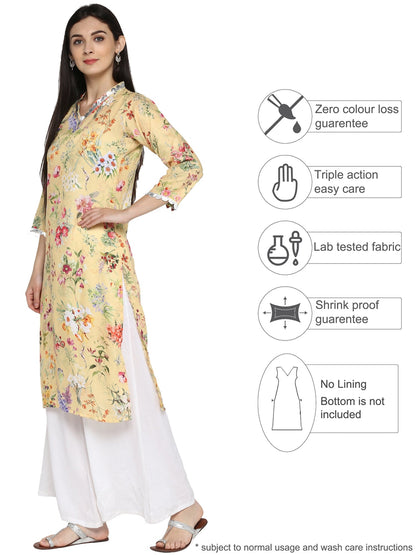 Women's Yellow Floral Straight Only Kurta With Silver Scallop Lace Detail