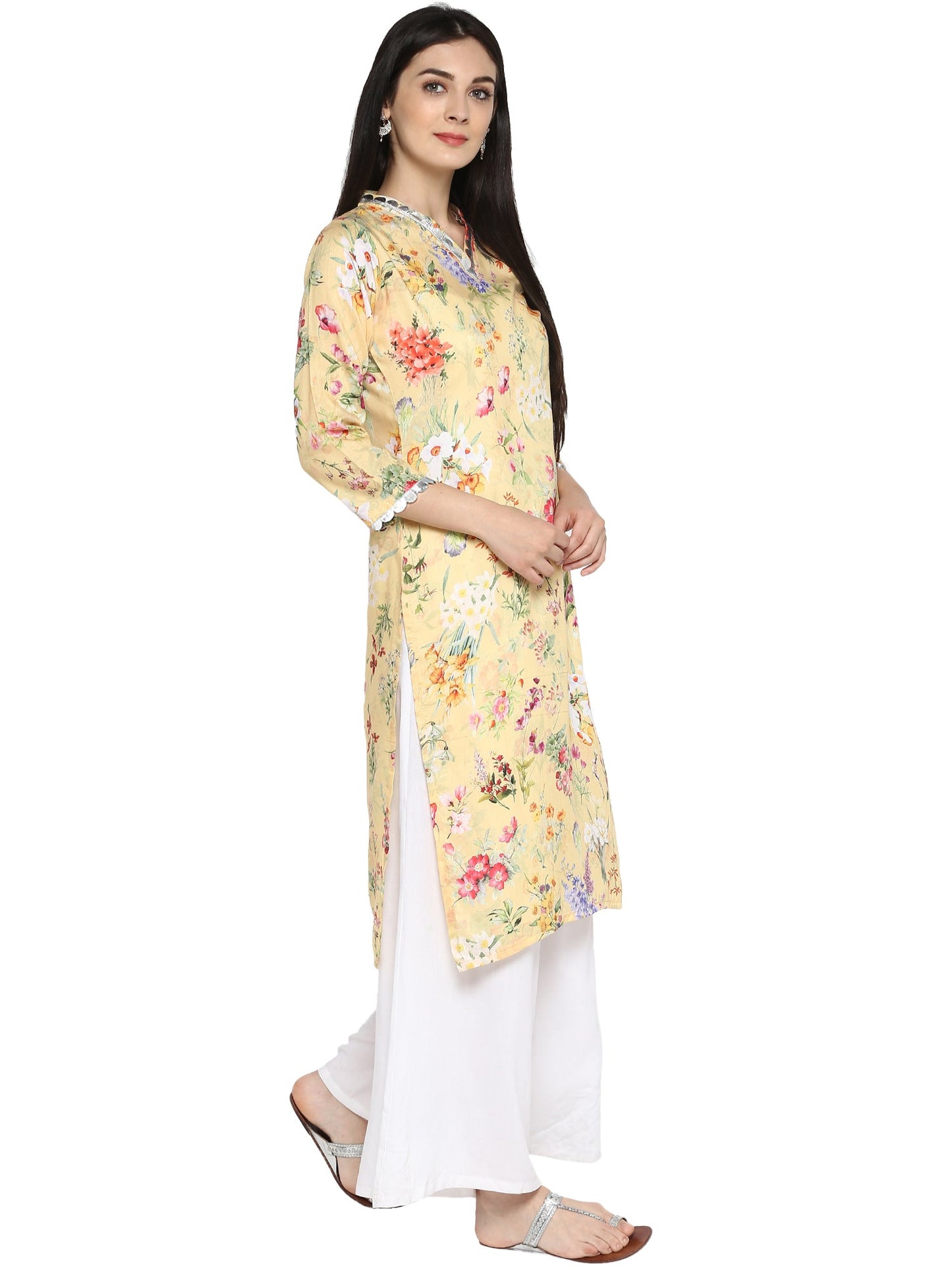 Women's Yellow Floral Straight Only Kurta With Silver Scallop Lace Detail