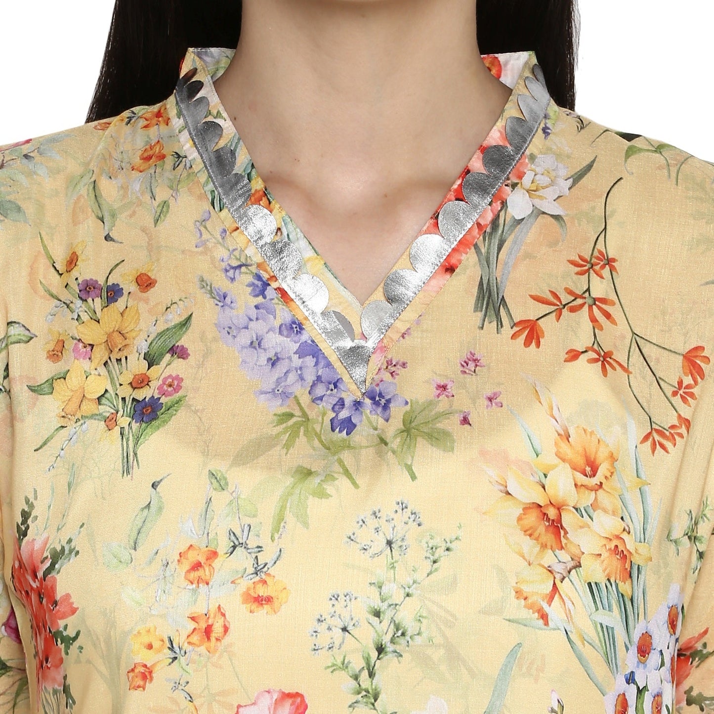 Women's Yellow Floral Straight Only Kurta With Silver Scallop Lace Detail