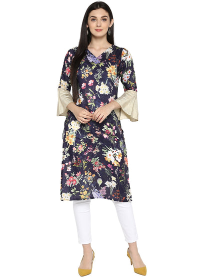 Women's Navy Blue Floral Print With Bell Sleeves Only Kurta