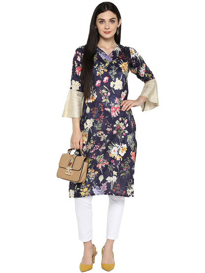 Women's Navy Blue Floral Print With Bell Sleeves Only Kurta