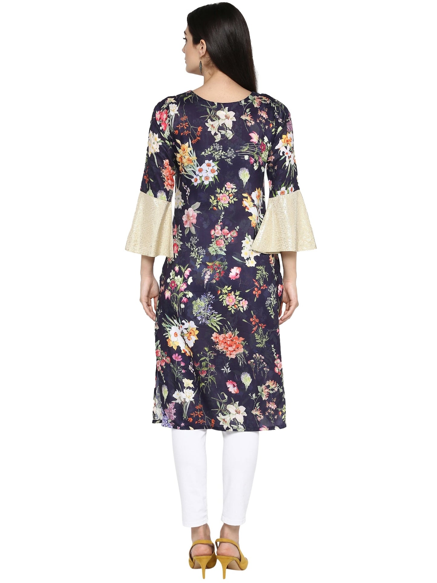 Women's Navy Blue Floral Print With Bell Sleeves Only Kurta