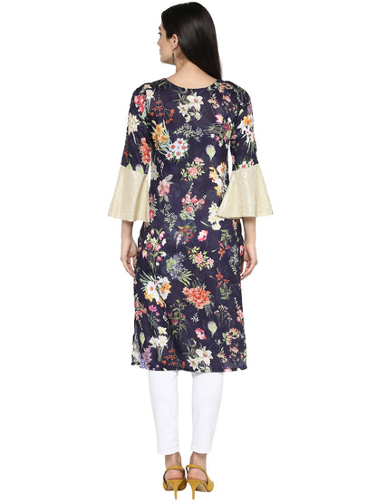 Women's Navy Blue Floral Print With Bell Sleeves Only Kurta
