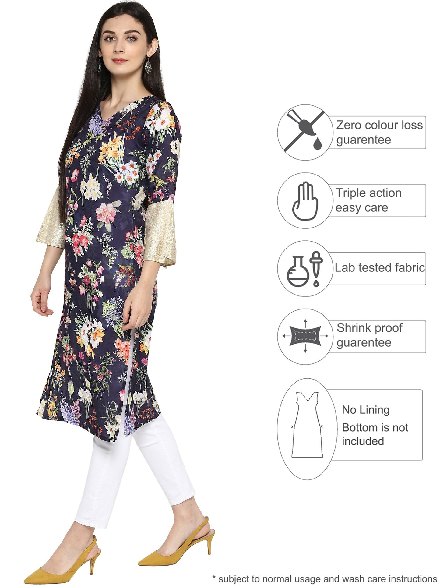 Women's Navy Blue Floral Print With Bell Sleeves Only Kurta
