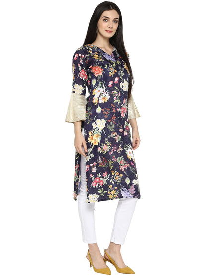 Women's Navy Blue Floral Print With Bell Sleeves Only Kurta
