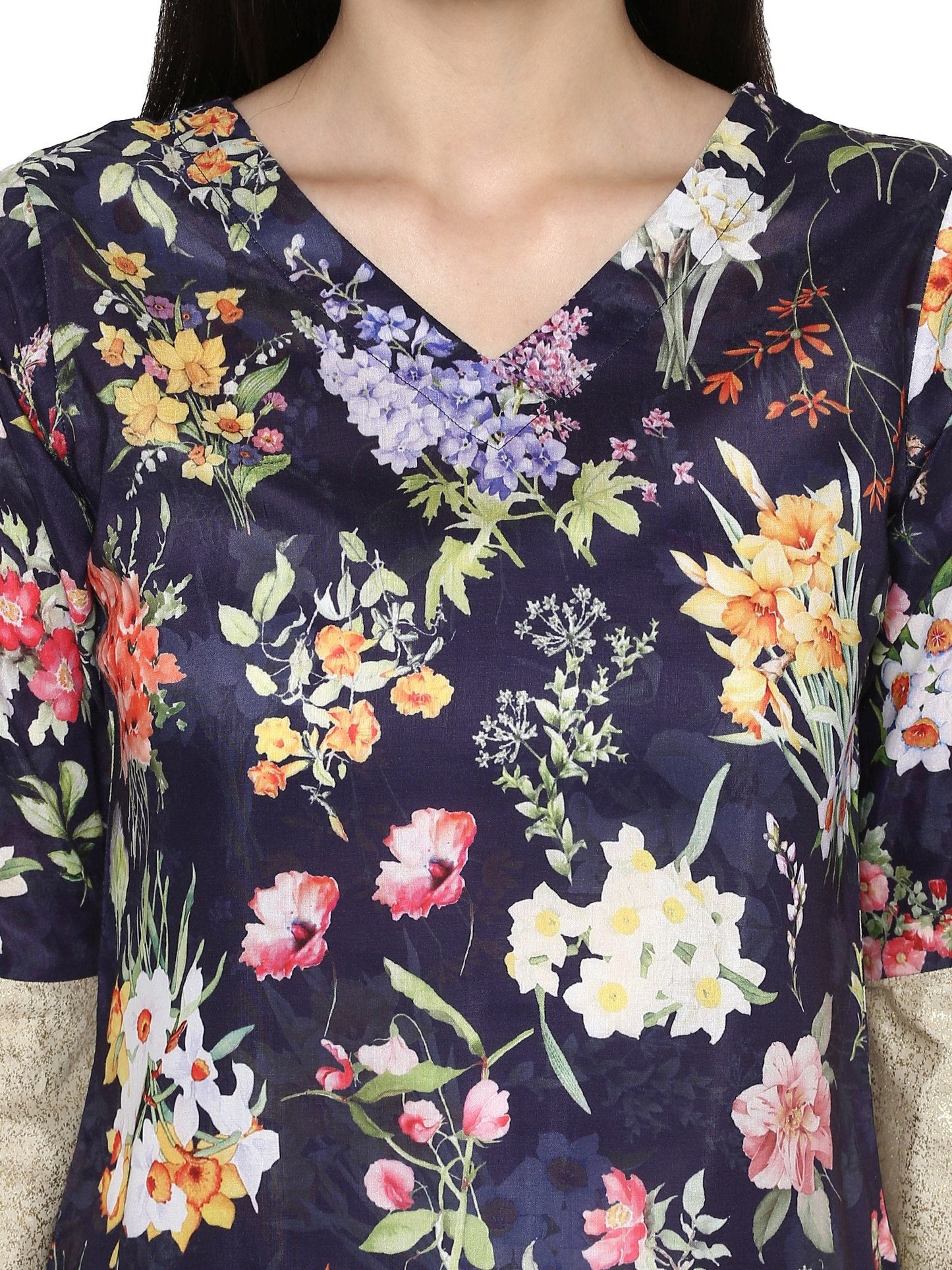 Women's Navy Blue Floral Print With Bell Sleeves Only Kurta
