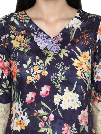 Women's Navy Blue Floral Print With Bell Sleeves Only Kurta