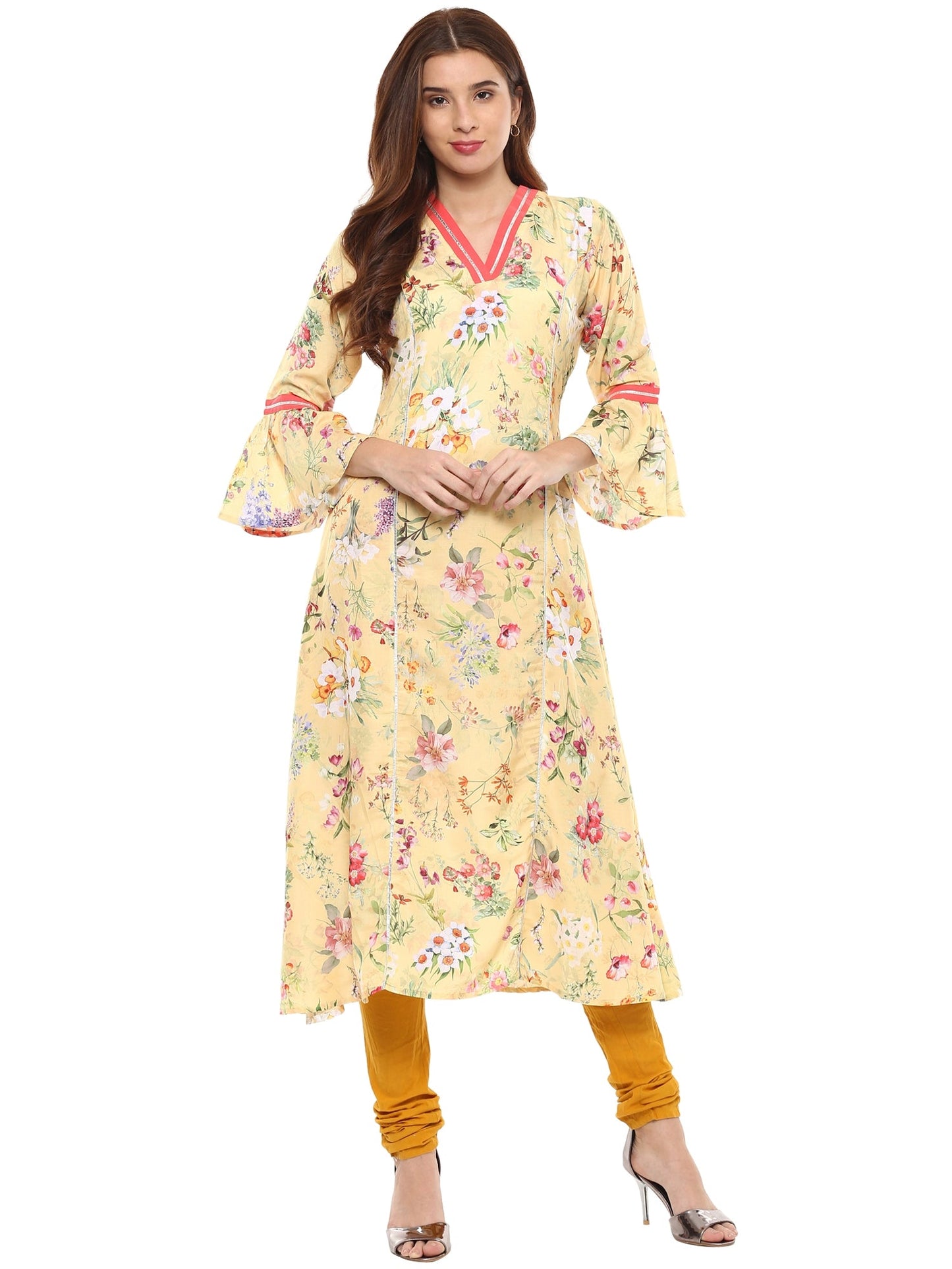 Women's Floral Yellow Flared Only Kurta With Gota Detailing