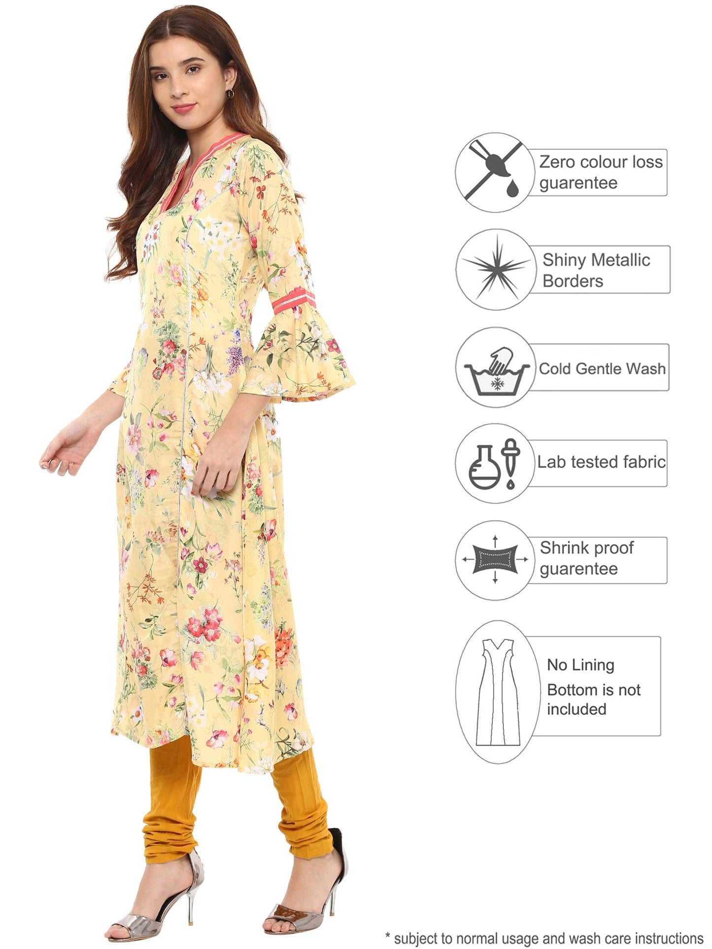 Women's Floral Yellow Flared Only Kurta With Gota Detailing