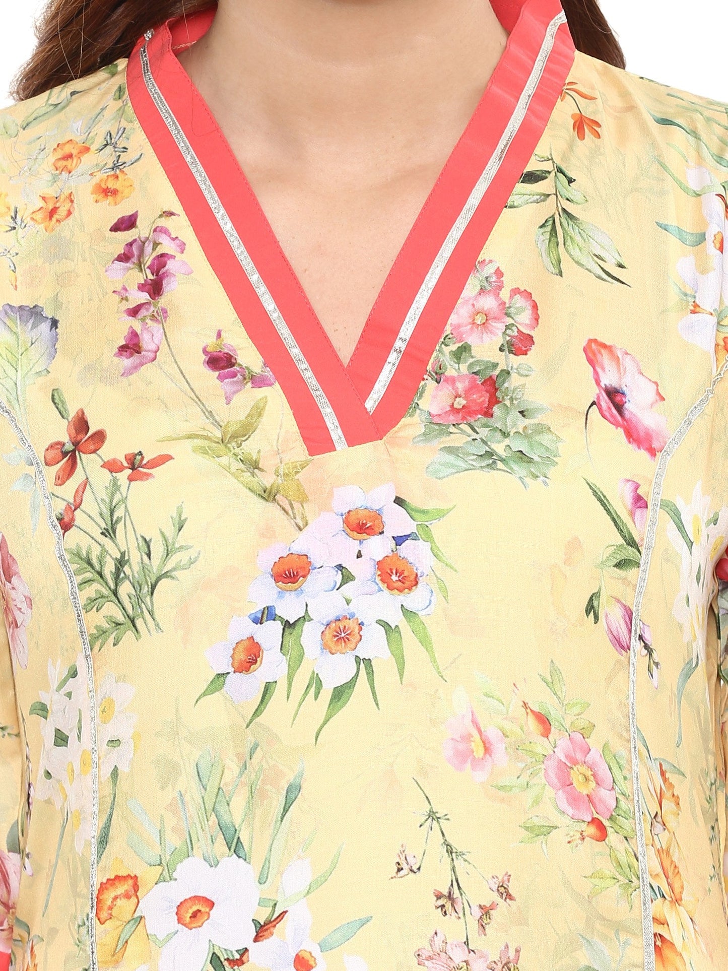 Women's Floral Yellow Flared Only Kurta With Gota Detailing